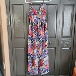 Japna brand maxi dress, size M, navy red and tan tropical leaf pattern